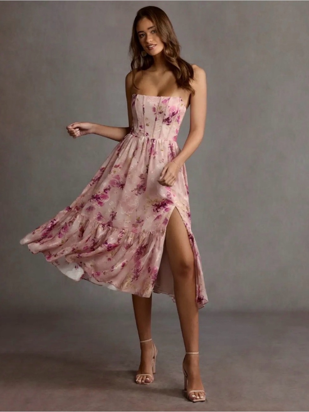 Azazie Blush Pink Floral Strapless Midi Dress